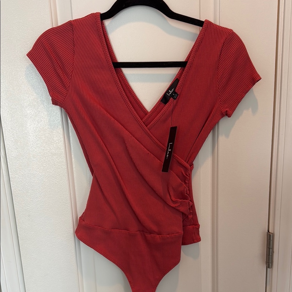 Lulu's Red Ribbed Wrap Bodysuit